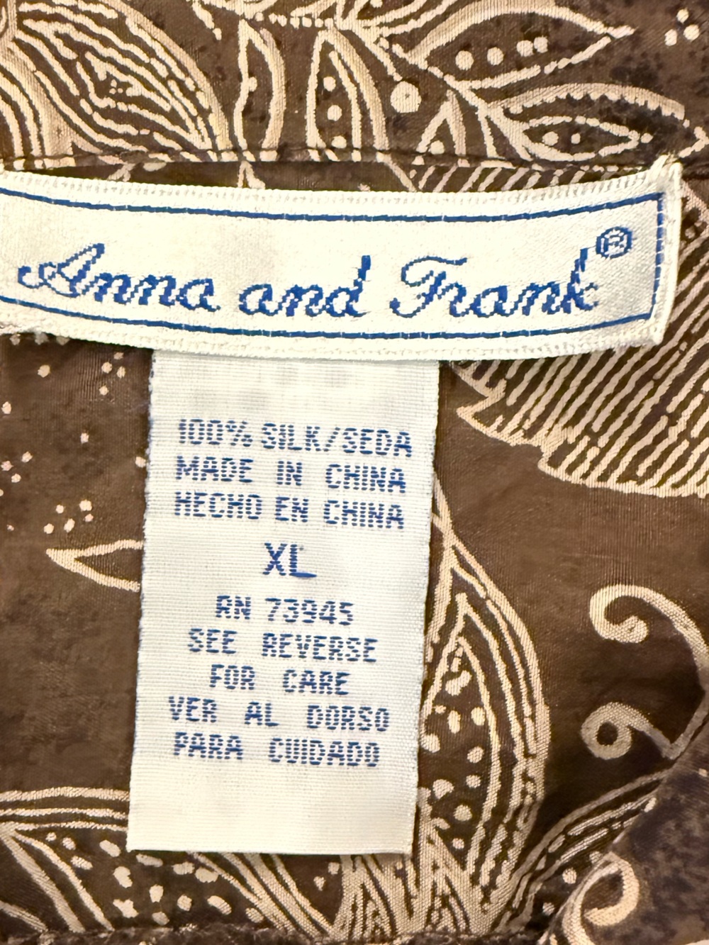 Vintage Anna & Frank Silk Paisley Floral Blouse XL Brown Tan Contrast Piping - Picture 11 of 15